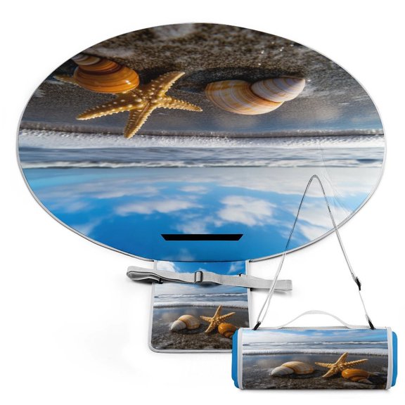 Beach Starfish Shells Large Round Picnic Outdoor Blanket,Waterproof Foldable Blankets Picnic Mat for Beach, Camping
