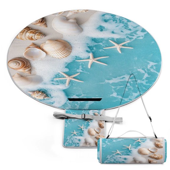 Beach Starfish Shells Large Round Picnic Outdoor Blanket,Waterproof Foldable Blankets Picnic Mat for Beach, Camping