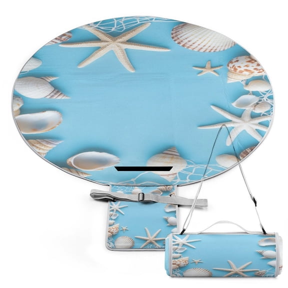 Beach Starfish Shells Large Round Picnic Outdoor Blanket,Waterproof Foldable Blankets Picnic Mat for Beach, Camping