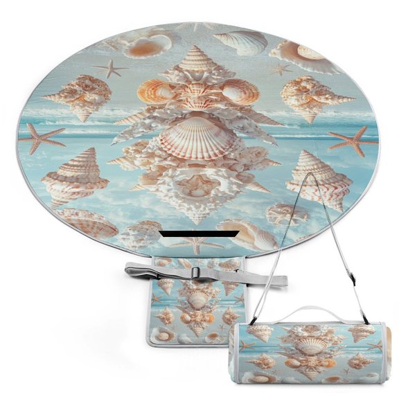 Beach Starfish Shells Large Round Picnic Outdoor Blanket,Waterproof Foldable Blankets Picnic Mat for Beach, Camping