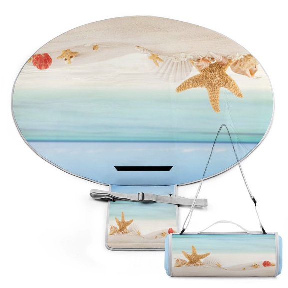 Beach Starfish Shells Large Round Picnic Outdoor Blanket,Waterproof Foldable Blankets Picnic Mat for Beach, Camping