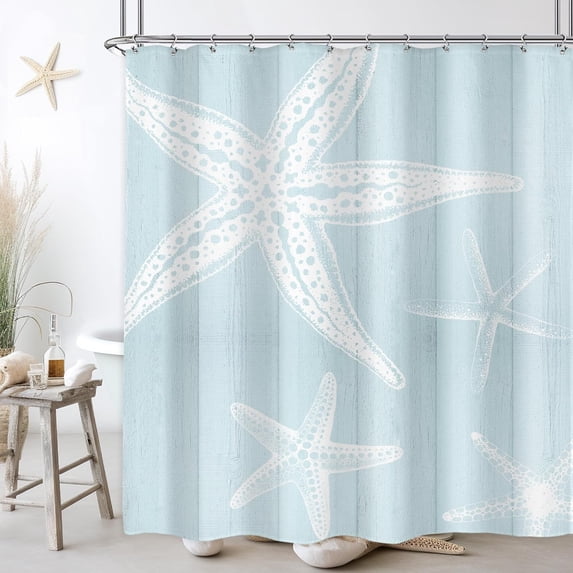 Beach Starfish Shower Curtain - 72Wx72L Inch Coastal Farmhouse Nautical Vintage Country Wooden Plank Ocean Artwork Waterproof Polyester Fabric Includes 12 Hooks