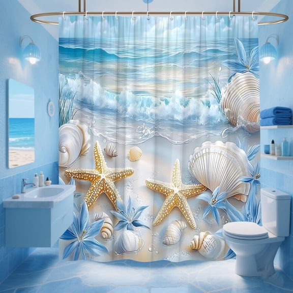 Beach Starfish Shower Curtain Sea Waves Seacoast Scenery with Sand Seashells Tropics Seaside Summer Coastal Ocean Theme Decorative Curtain with Polyester Fabric-72"W x 72"L (Pack of 1)