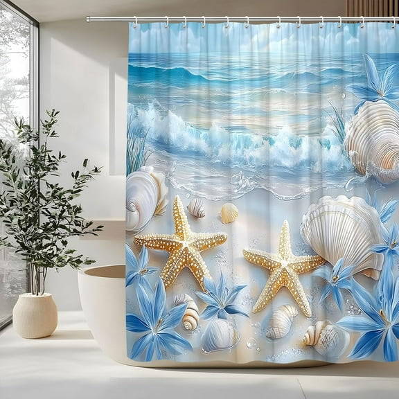 Beach Starfish Shower Curtain Sea Waves Seacoast Scenery with Sand with Various Seashells Scallop Conch Tropics Seaside Summer Coastal Ocean Theme Decorative Curtain with Polyester Fabric,72"W x 72"L