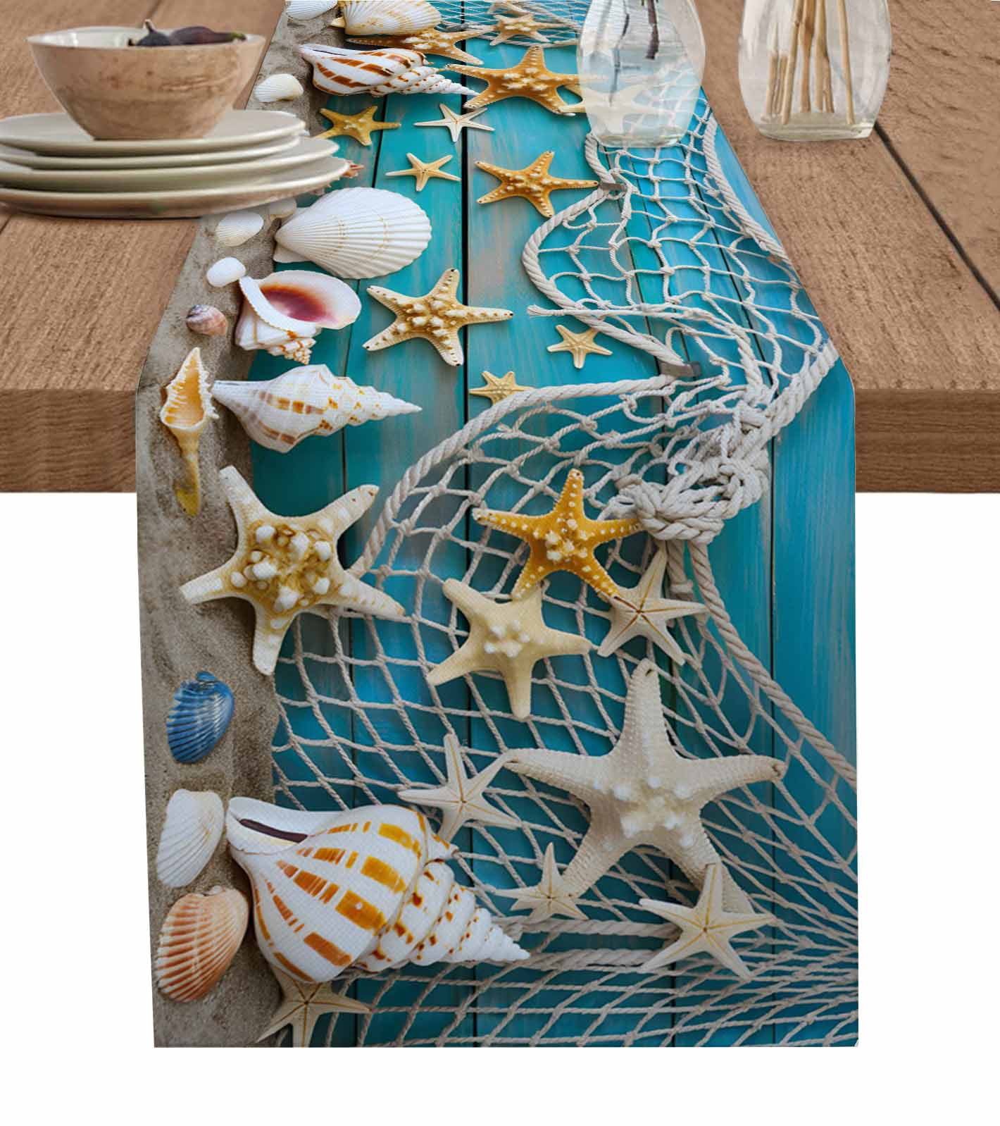 Beach Starfish Table Runner 90 Inches, Ocean Conch Fishing Net Blue ...