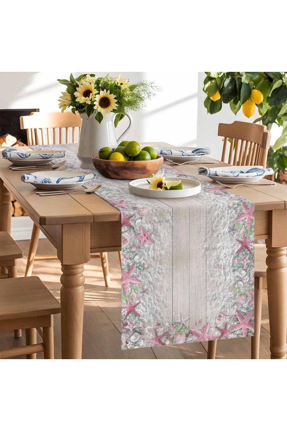 Beach Starfish Table Runner, Summer Pink Sea Star Nut Shell Khaki Wood Grain Washable Kitchen Table Runners Dress Scarves for Dining Table Decorations Party/Restaurant/Indoor Outdoor Use, 13x36in