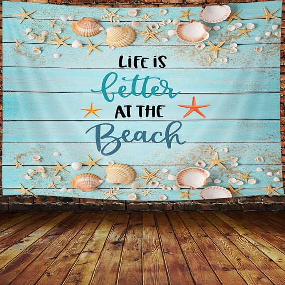 Beach Starfish Tapestry Wall Hanging, Summer Beach Seashell Starfish Sands Blue Wooden Plank Wall Hanging Tapestries for Bedroom, Dorm, Living Room, Home Décor 60X40inch