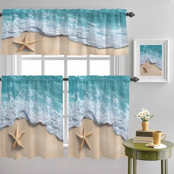 Beach Starfish Teal Sea Water Curtain Tier and Valance Set 3 Piece, Summer Ocean Theme 3-inch Rod Pocket Window Tier Curtains Valance for Kitchen Living Room