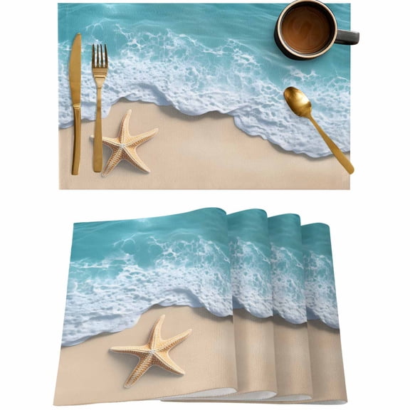 Beach Starfish Teal Sea Water Placemats Set of 4,Wipeable Washable Table Mats for Dining Tables,Summer Ocean Theme Place Mats for Kitchen Event Party Tabletop Decor