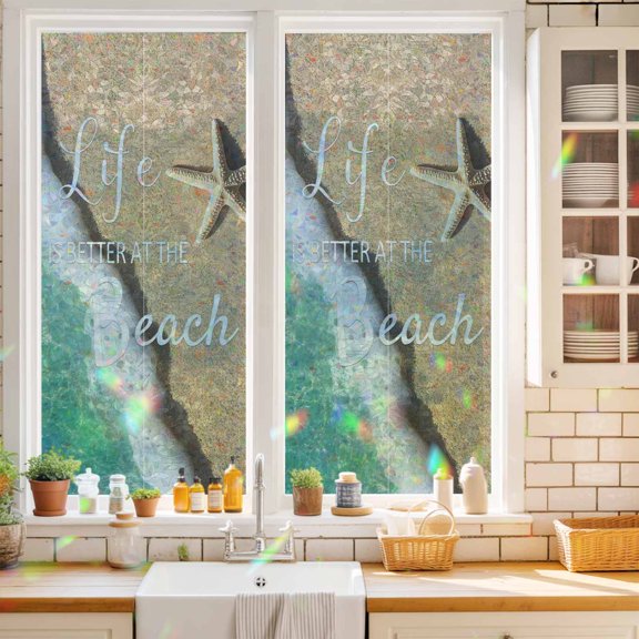 Beach Starfish Teal Sea Water Window Privacy Film,Decorative Windows Static Cling Summer Better Life Heat Control Removable Glass Sticker for Home Bathroom Bedroom Window Door,17.7x39.3in
