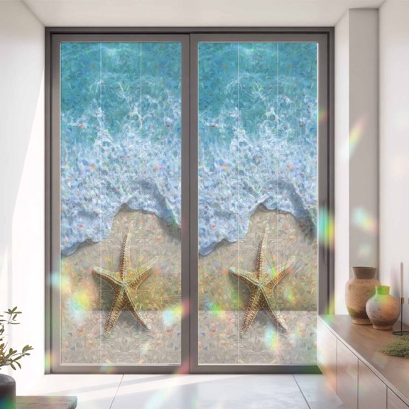 Beach Starfish Teal Sea Water Window Privacy Film,Decorative Windows Static Cling Summer Ocean Theme Heat Control Removable Glass Sticker for Home Bathroom Bedroom Window Door,35x79in