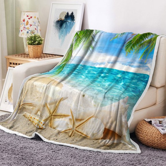 Beach Starfish Throw Blanket, Tropical Paradise Beach Blue Sky Palm Tree Throw Blankets for Couch Bed, Summer Tropical Beach Seaside Island Blue Sea Blanket 50" x 60", Super Soft Warm Blankets