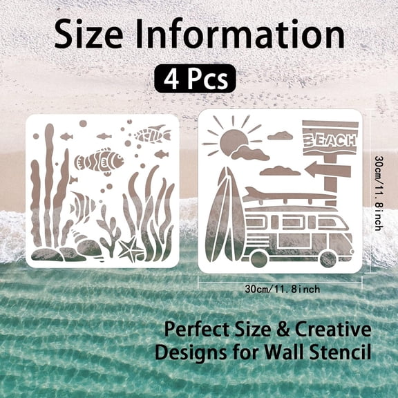 Beach Stencils Summer Stencils for Painting on Wood 11.8" Reusable Ocean Stencils Dolphin Seaweed Coconut Tree Template Wall Sencils