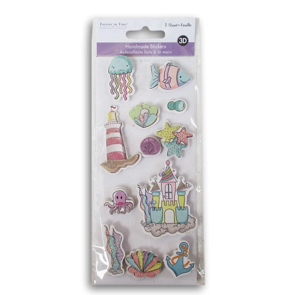 Beach Stickers for Scrapbooking - Pop Up Sandcastle, Lighthouse, Jellyfish, Fish 3D Glitter Stickers - 12 Count