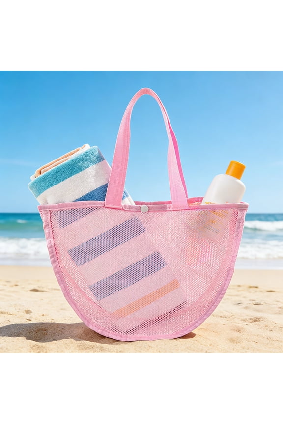Beach Storage Net Bag - Large Capacity Shell Tote with Wide Comfortable Handle, Durable Nylon & Spandex Material, Perfect for Travel, Beach, and Seaside Activities Pink