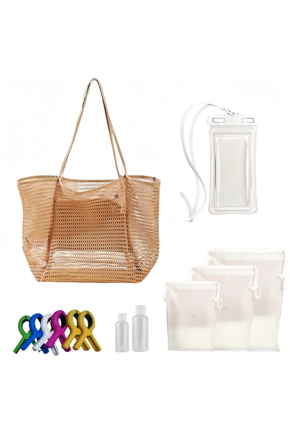Beach Storage Set, Foldable Sandproof Mesh Tote Bag with Zipper Inner Pocket, Waterproof Phone Pouch with Lanyard, 6 Towel Clips, 2 Lotion Bottles & 3 Drawstring Storage Bags for Beach Pool Vacation