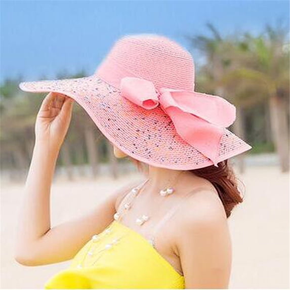 Beach Straw Hats for Women Big Straw Wide Brim Summer Hat Floppy Foldable Roll Up Sun Hat UPF 50+ Solid Foldable Vacation Summer Beach Hats with Bow Roll up Cap Sun Hat UPF 50+, Pink