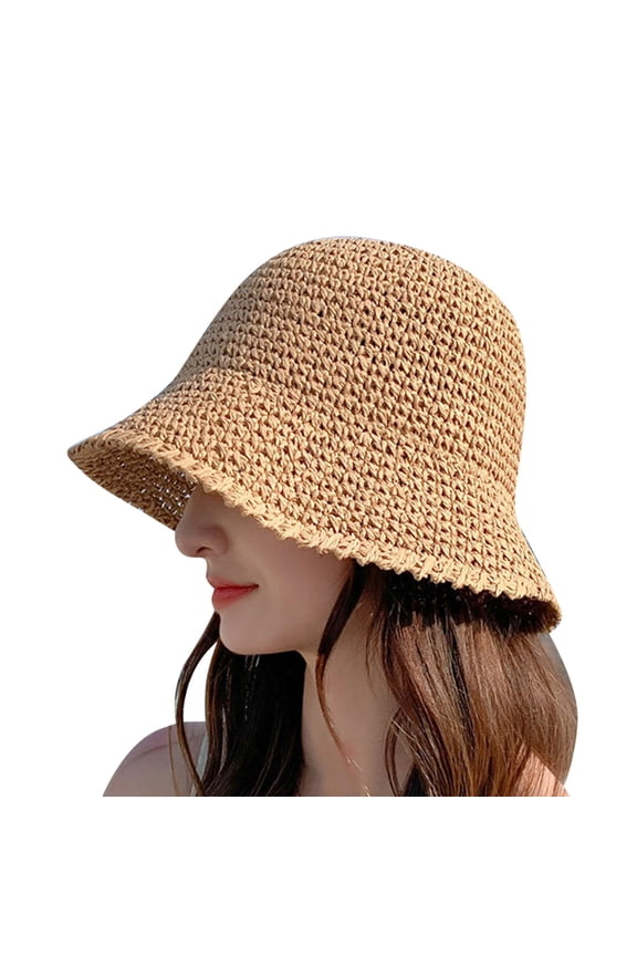 Beach Straw Hats for Women CQXIDFH Wide Brim Floppy Straw Sun Hat, Foldable Woven Bucket Hat, UV Protection Summer Beach Travel Headwear for Women, Beanie Hat (Khaki, M)