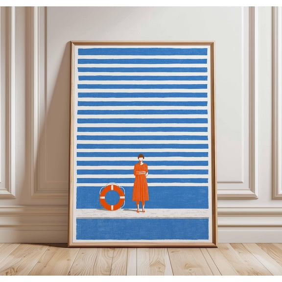 Beach Stripes Poster Print, Minimalist Coastal Wall Art, Modern Summer Illustration, Blue Orange Nautical Decor, Bold Graphic Artwork Unframed Paper Print