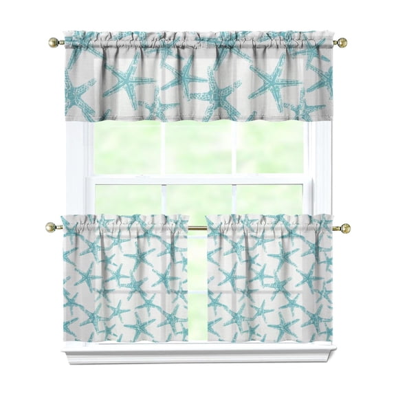 Beach Style Kitchen Curtains Set with Anchor Starfish Coral Fish Ocean Sea Marine Creatures Tier and Valance Set Nautical Summer Theme