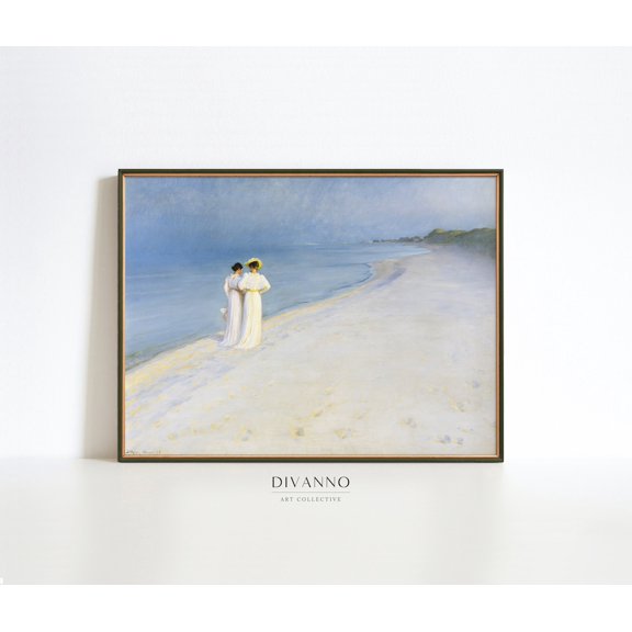 Beach Summer Evening Art Print Sea Landscape Vintage Shore, UNFRAMED Size 16x16