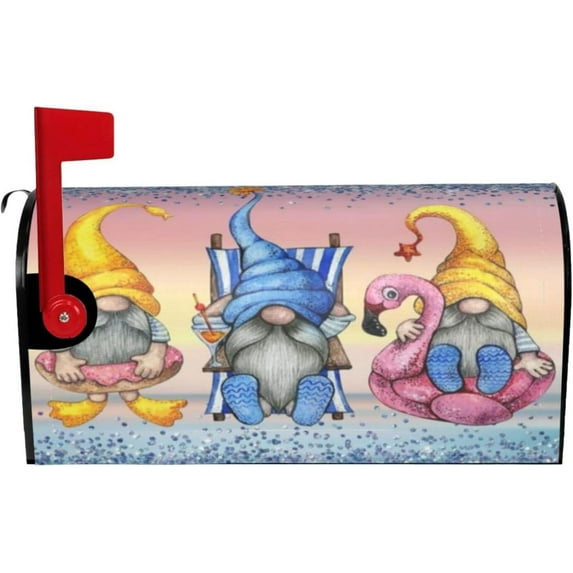 Beach Summer Mailbox Covers Magnetic - Gnome Mailbox Cover Wraps Post Letter Box Cover Standard Size 21" X 18" for Garden Yard Decor, Gnome Gifts for Gnome Lovers