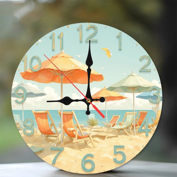 Beach Summer Ocean View Wall Clock Decor 10-Inch Silent Wooden Wall Clock, Battery Operated (AA Batteries Not Included), Artistic Home Decor