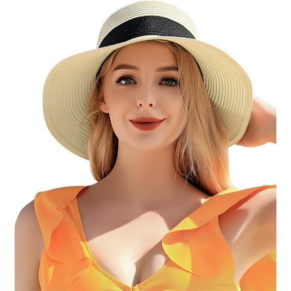 Beach Sun Hats for Women, Straw Hat for Women UPF 50  UV Sun Protection Summer Hat Foldable Roll up Cap