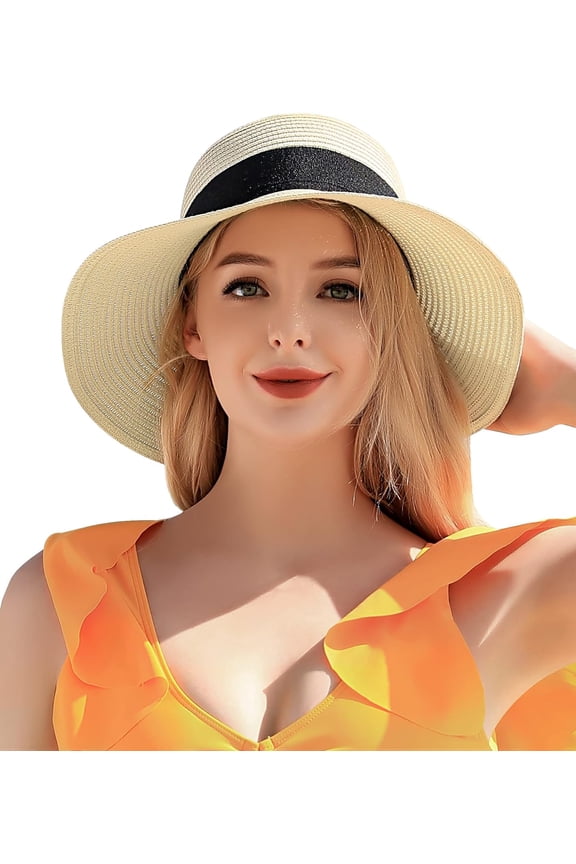 Beach Sun Hats for Women, Straw Hat for Women UPF 50+ UV Sun Protection Summer Hat Foldable Roll up Cap