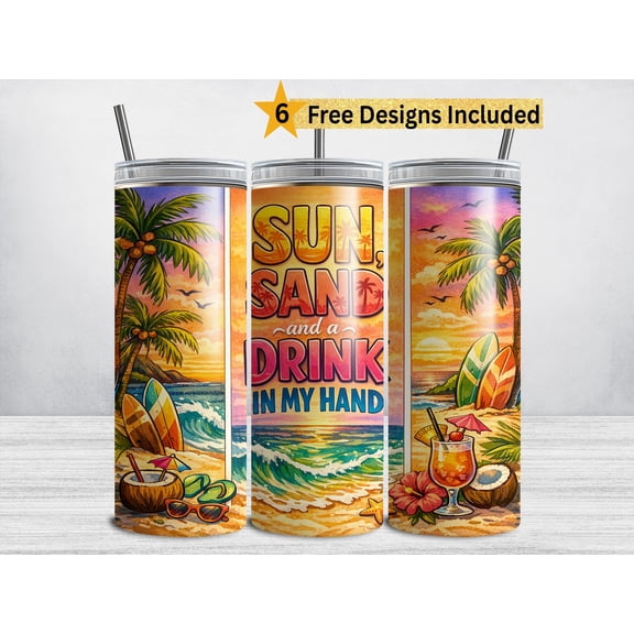 Beach Sun Sand Drink in My Hand 20 oz Straight Skinny Tumbler with Lid and Straw, Reusable Travel Cup