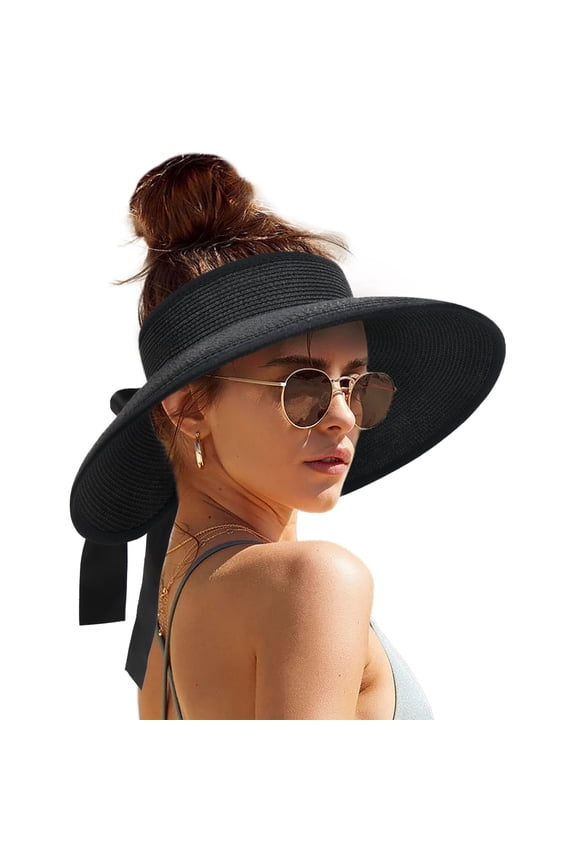 Beach Sun Visor Hats for Women, UV UPF Wide Brim Straw Sun Visor Hat Adjustable Bow Tie Beach Visor for Garden Beach Swimming,One Size