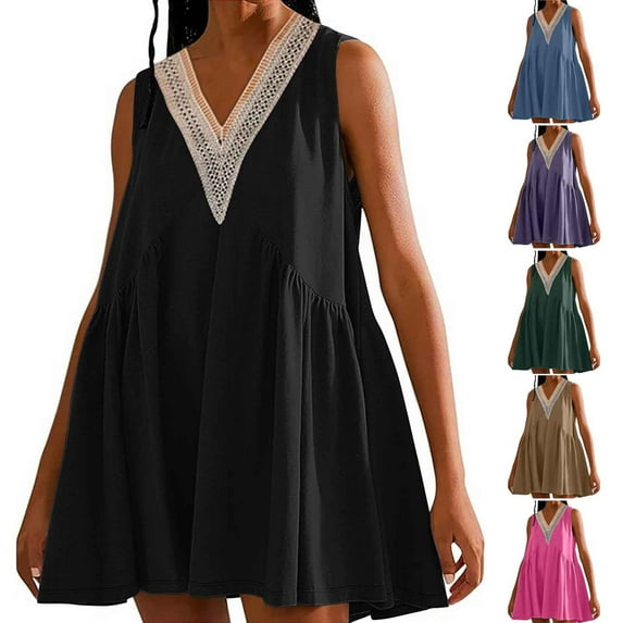 Beach Sundresses for Women 2024 Plus Size Casual Comfort Solid Color Sleeveless V-Neck Dress Gifts for Womens ~