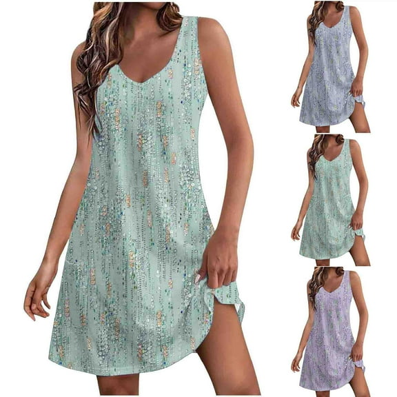 Beach Sundresses for Women 2024 Plus Size Comfort Pocket Printing Sleeveless V-Neck Dress Gifts for Womens ~