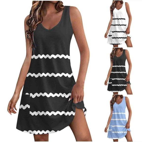 Beach Sundresses for Women 2024 Plus Size Comfort Pocket Printing Sleeveless V-Neck Dress Gifts for Womens ~