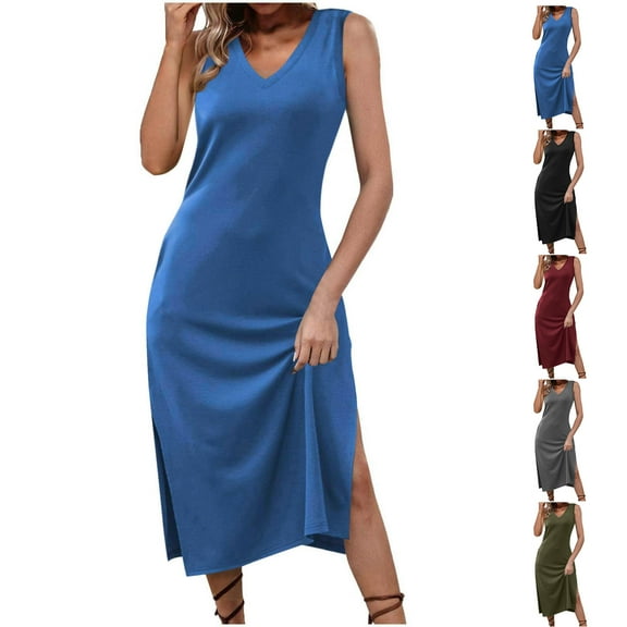 Beach Sundresses for Women 2024 Plus Size Comfort Sexy Solid Color Pocket Sleeveless V-Neck Dress Gifts for Womens ~