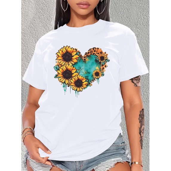 Beach Sunflower Print Round Neck T-Shirt, Sports Trendy Short Sleeve T ...
