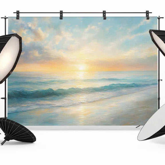 Beach Sunrise Backdrop for Photography, Ocean Sky Sea Water Wave Photo Backdrop Portrait Background Party Banner Photo Backgrounds for Studio Booth Props, 12x8ft