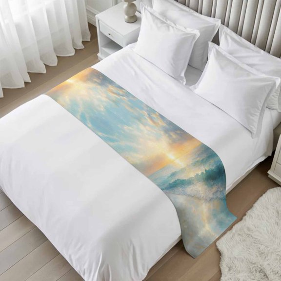 Beach Sunrise Bed Runner Scarf, Ocean Sky Sea Water Wave Twin Bed Scarf Runner, No Fading Decorative Bedding Scarf for Bedroom Hotels Homes and Guestrooms