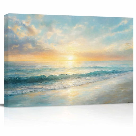Beach Sunrise Canvas Print Wall Art Ocean Sky Sea Water Wave Pictures Painting Morden Artwork for Living Room Bedroom, Ready to Hang - 12"x16"