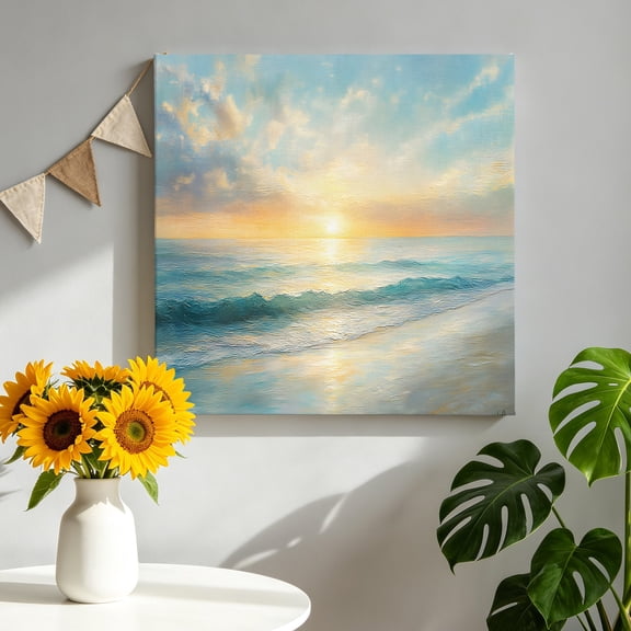 Beach Sunrise Canvas Wall Art, Ocean Sky Sea Water Wave Framed Canvas Wall Decor Picture Print Artwork Decorations for Living Room Office Ready to Hang 8" x 8"