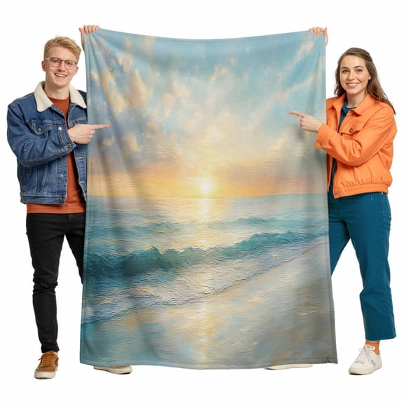 Beach Sunrise Flannel Blanket for Bed,Travel and Camping, Ocean Sky Sea Water Wave Super Soft Cozy Blanket for All Seasons 60"x80"
