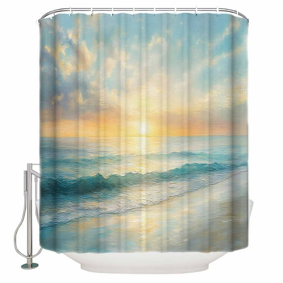 Beach Sunrise Shower Curtain, 48" x 72", Ocean Sky Sea Water Wave Waterproof Bathroom Curtain Washable Shower Curtain Set with 12 Hooks