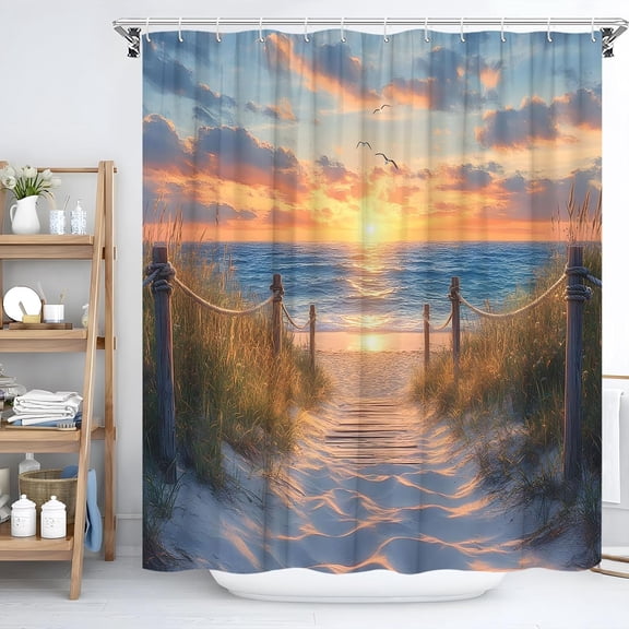 Beach Sunrise Shower Curtain Tropical Ocean Sunset Coastal Pathway Sea Sand Beach Sun Sand Hawaii Landscape Nautical Seashore Nature Seascape Bathroom Decor Fabric Curtain-72"W x 96"L (Pack of 1)