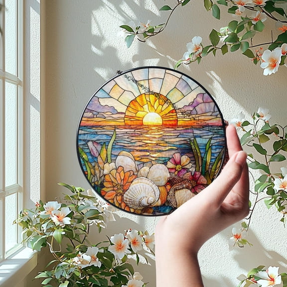 Beach Sunrise Stained-Glass Style Suncatcher, Coastal Window Hanging