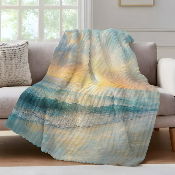 Beach Sunrise Throw Blanket for Couch Ocean Sky Sea Water Wave Soft and Warm Flannel 3D Striped Fluffy Fuzzy Fleece Blanket Lightweight Throw for Bed, Sofa 30 x 40 Inches