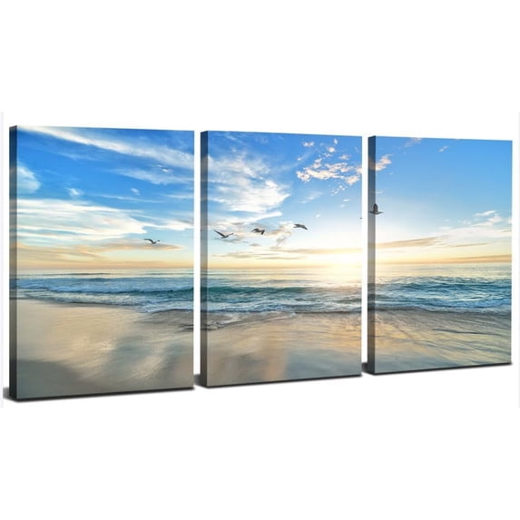 Beach Sunrise Wall Art Coastal Seascape Canvas Pictures for Living Room Seagull Birds Ocean Wave Wall Decor Beach Landscape Blue Sky Poster Modern Artwork Bathroom Bedroom Home Decoration 12x16” 3 Pcs