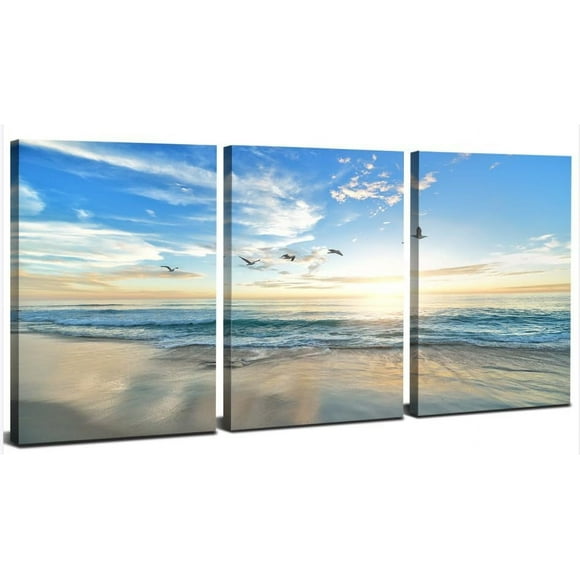 Beach Sunrise Wall Art Coastal Seascape Canvas Pictures for Living Room Seagull Birds Ocean Wave Wall Decor Beach Landscape Blue Sky Poster Modern Artwork Bathroom Bedroom Home Decoration 12x16” 3 Pcs