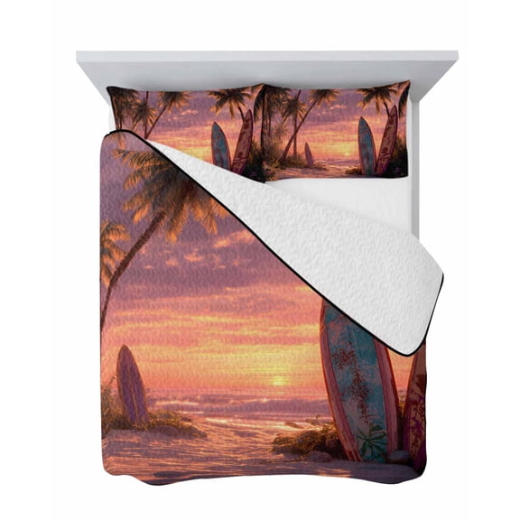 Beach Sunset 3 Piece Quilt Set King Size, Summer Coconut Trees Tropical Plants Coastal Soft Bedspread Coverlet Bedding Set Microfiber Lightweight Comforter Set with 2 Pillowcases for Bedroom