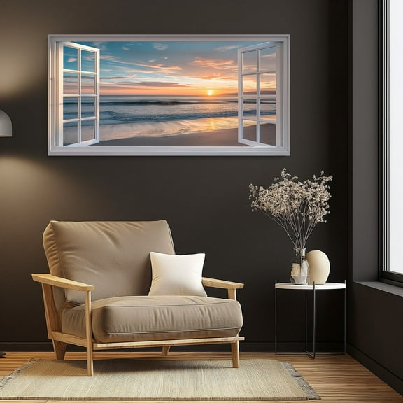 Beach Sunset 3D Faux Window View - Coastal Nature Canvas Art - Fake Window Horizontal Canvas - Realistic Wall Decor For Living Room, Bedroom, Unframed Canvas Size 8x12