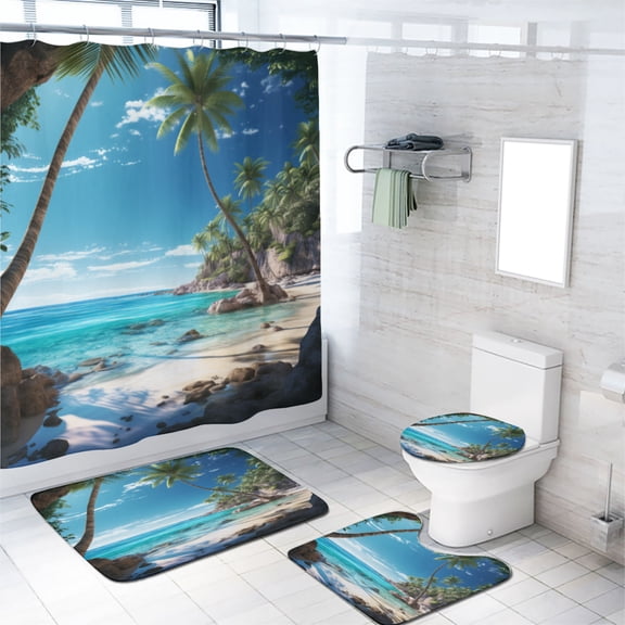 Beach Sunset 4 Piece Shower Curtain Sets Ocean Tropical Palm Trees Summer Seaside Waves Coastal Island with 12 Hooks, Bath Mat Set Bathroom Decor by Durable Waterproof Fabric, 72x72 Inch